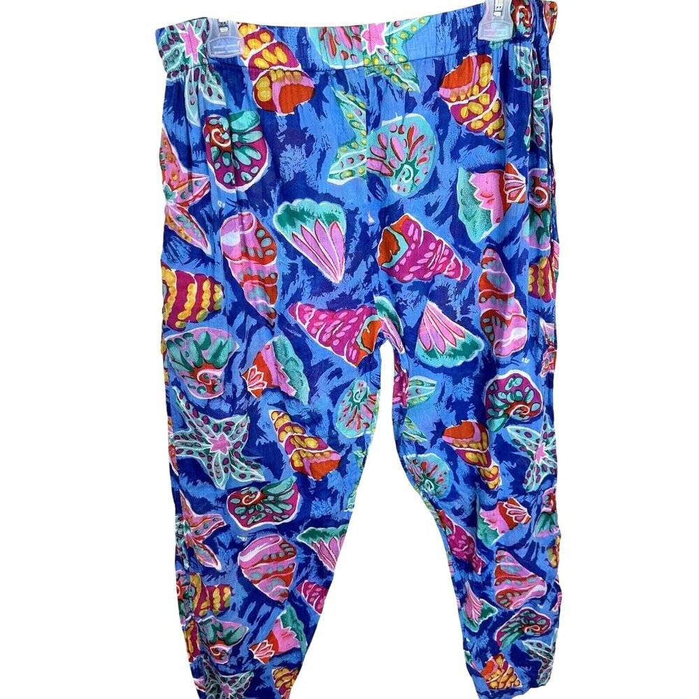 Womens Blue Tropical Lightweight Pants Large Pocket Resort Floral 12 Vtg Cotton